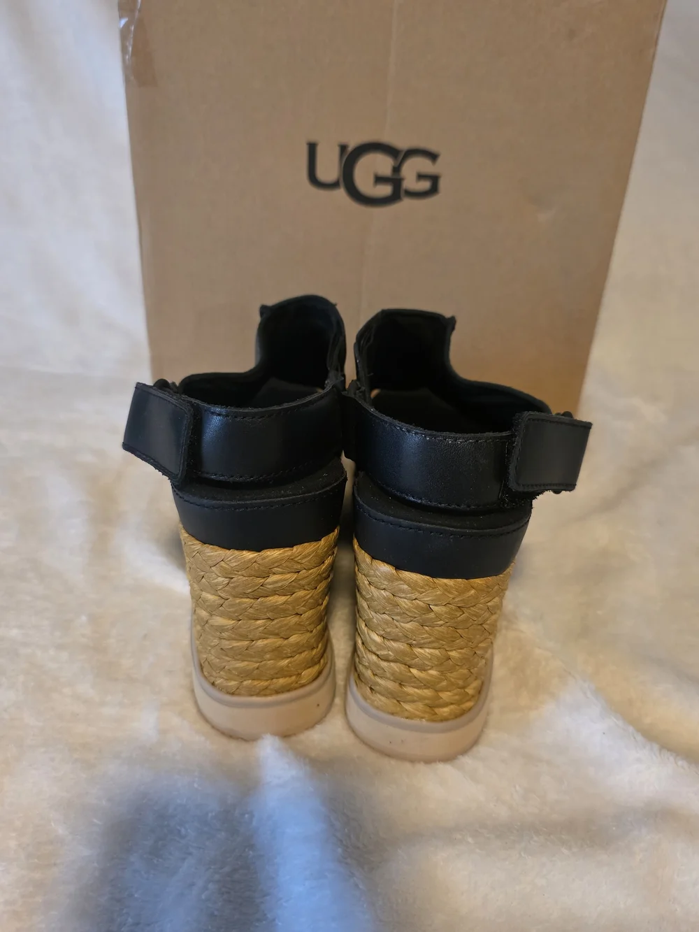 UGG Black Leather Wedge Sandals with Braided Espadrille Heel